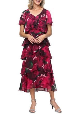 S.L. Fashions Floral Print Ruffle Chiffon Midi Dress in Pink Multi at Nordstrom, Size 14