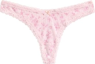SKIMS Pointelle Lace Trim Thong in Bloom Dainty Floral at Nordstrom, Size Xx-Small