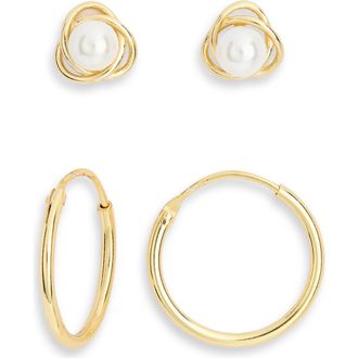Argento Vivo Set of 2 Faux Pearl Stud & Hoop Earrings in Gold at Nordstrom Rack
