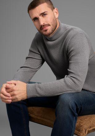 Bruno Banani Rollkragenpullover BRUNO BANANI, Herren, Gr. XXL (60/62), grau meliert, Feinstrick, Obermaterial: 50% Baumwolle, 50% Polyacryl, Basic, slim fit, Ripps