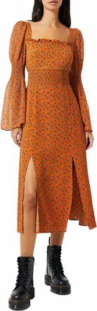 French Connection Francine Callie Smock Midi Dress In Leather Brown Multi