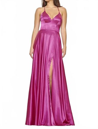 Faviana Charmeuse V-Neck Dress With Lace Up Back In Rasberry