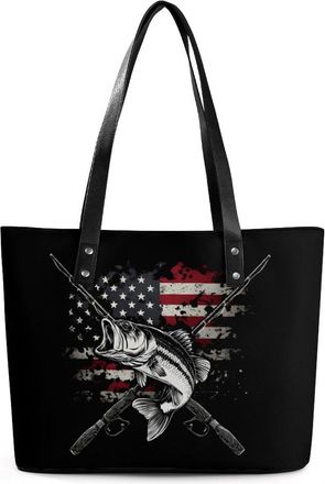 Generic Vintage USA Flag Bass Fishing Tote Bags for Women Cute Shoulder Purses Handbags