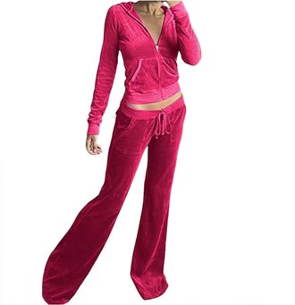 Generic Women Tracksuit 2 Piece Outfits Velour Velvet Jogging Workout Sets Ladies Zip up Hoodie Sweatshirt Elastic Waish Pants Set Plain Sport Activewear Casu