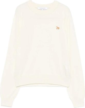Maison Kitsun&eacute; Fox Embroidered Sweater - Dames - Ronde hals truien - Beige - S - Wol - Truien & Vesten