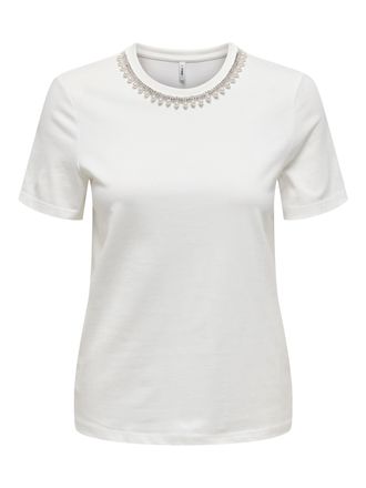 Only Kurzarmshirt ONLY ONLJOLLY LIFE S/S REG PEARL TOP JRS, Damen, Gr. XS, cloud dancer detail:pearl emb necklace, Jersey, Obermaterial: 100% Baumwolle, un
