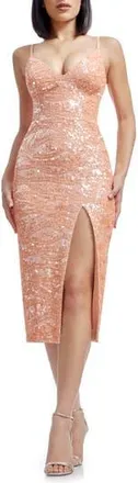 Dress The Population Anastasia Sequin Body-Con Cocktail Midi Dress in Coral at Nordstrom Rack, Size X-Small