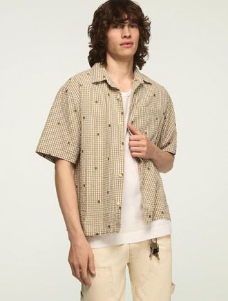 Lucky Brand Mens Short Sleeve Emroidered Plaid Seersucker Kinda Cropped Shirt