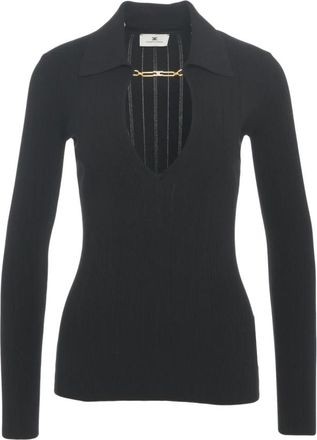 Elisabetta Franchi Top van geribde tricot met open details - Dames - V-hals truien - Zwart - L - Truien & Vesten