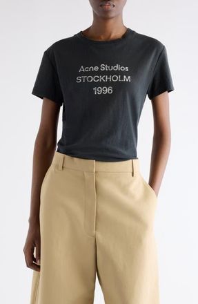 Acne Studios 1996 Logo Distressed Cotton & Hemp Graphic Tee in Faded Black at Nordstrom, Size Small