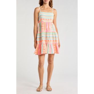 Elan Tiered Cotton Blend Cover-Up Dress in Neon Aztec at Nordstrom, Size Medium