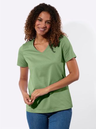 Casual Looks Kurzarmshirt CASUAL LOOKS 2er-Pack Shirts, Damen, Gr. 36, eucalyptus, ecru, 100% Baumwolle, unifarben, V-Ausschnitt, Shirts Kurzarmshirt