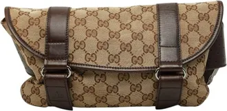 Gucci Beige Brown Canvas Leather Sling Bag (Pre-Owned)