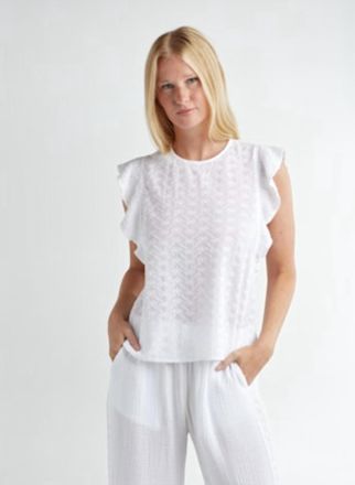 Red Haute Eyelet Tank With Flutter Sleeve In White