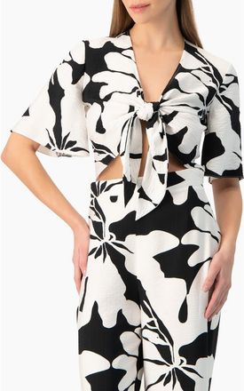 Ivonne Bold Floral Print Tie-Front Wide-Sleeve Crop Top in Black at Nordstrom, Size 12