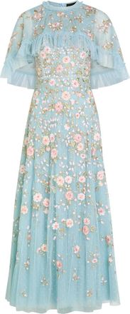 Needle & Thread Eden Rose Embroidered Cape-effect Tulle Gown - Blue - 18 (UK18 / Xxl)