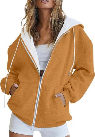 Generic Sweatshirts For Women Uk Full Zip - Essentials Hoodie Oversized Plain Colour Jackets Basic Long Sleeves Outerwear Fashion Trendy Clothes Loose Fit Bag