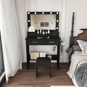Direct Wicker 9-Bulb Hollywood Makeup Vanity with Large Mirror, Stool Included in Black | Size: 1 Pack