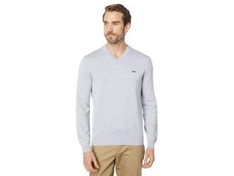 Lacoste Long Sleeve Solid V-Neck Sweater Mens Clothing Silver Chine : LG, Cotton