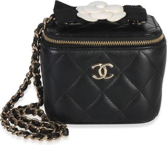 Chanel Quilted Black Lambskin Camelia Bow Chain Mini Vanity Case