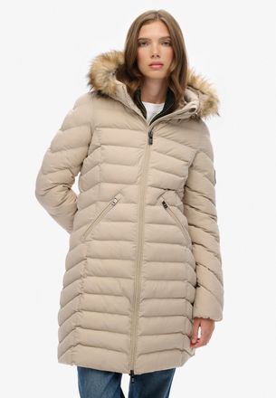 Superdry Steppjacke SUPERDRY FUJI FAUX FUR HOOD MID LENGTH, Damen, Gr. XXL, chateau grau, Web, Obermaterial: 100% Polyester, unifarben, slim fit, Jacken Steppj