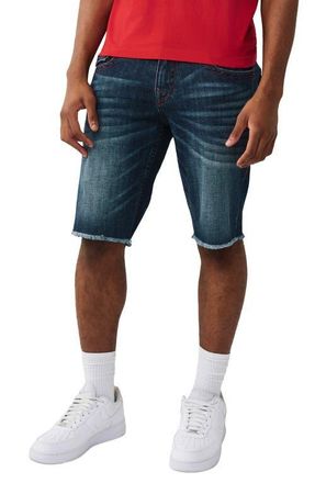 True Religion Ricky Frayed Hem Snap Flap Straight Denim Shorts in Sideline Raw Dark Wash at Nordstrom, Size 40