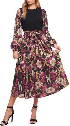 Flying Tomato Long Sleeve Mixed Media Fit & Flare Dress in Black Magenta at Nordstrom Rack, Size Medium