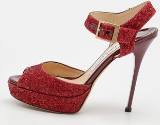 Jimmy Choo London Red Glitter Linda Platform Ankle Strap Sandals
