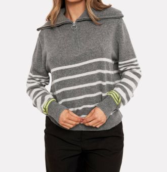 Brodie Sabrina Stripe Zip Polo In Mid Grey/haze Neon Yellow