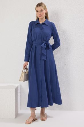 Trendyol Modest Dames Donkerblauw Effen Maxi Lang Casual Blousejurk Modest Jurken