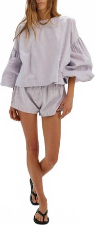 Suzie Kondi Balon Puff Sleeves Top In Chambray & Poppy Stripe