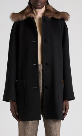 Valentino Genuine Shearling Collar Wool Coat in Black at Nordstrom, Size 4 Us