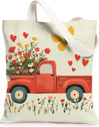 Generic Floral Vintage Truck Canvas Tote Bags, Lightweight Washable Shoulder Strap Reusable Grocery Bags for Spring Outdoor Travel Picnic 13x15 Inch