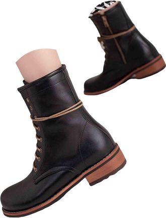 Generic Round Toe Chunky Block Low Heels Ankle Boots for Women Leather Short Bootie Lace-Up Zipper Retro Fashion Combat Boot Black