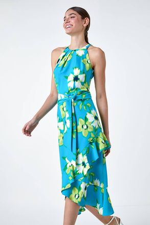 Roman Floral Print Chiffon Halterneck Midi Dress