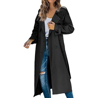 Generic Womens Long Trench Coats Open Front Casual Pockted Windproof Transitional Overcoat Lapel Lightweight Plus Long Sleeve Jacket Black XXL