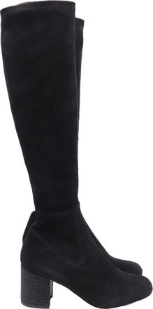 Rene Caovilla Block-Heel Knee-High Boots in Black Suede
