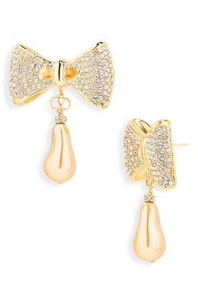 Valentino Garavani San Fin Bow Faux Pearl Drop Earrings in Gold at Nordstrom