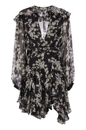 Elisabetta Franchi Womens Printed Silk Voile Dress With Ruffles - Black - Size EU 46 (Womens)