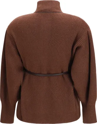 Brunello Cucinelli Womens High Neck Cardigan With Belt Cioccolato Sweater