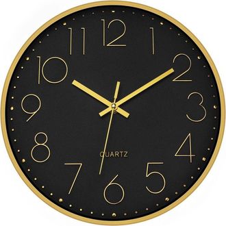OEM Reloj De Pared Redondo De Cuarzo De 30 Cm (12 Pulgadas), Negro Y Dorado, Silencioso, Funciona Con Pilas, Ideal Para Sal&oacute;n, Cocina, Dormitorio U Oficin