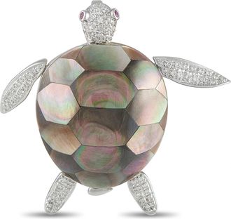 Luxury Bazaar 18K White Gold 0.40ct Diamond and Mother of Pearl Turtle Brooch MF25-100826