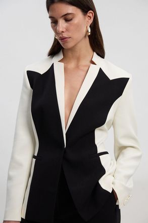 Karen Millen Womens Compact Stretch Colour Block Tailored Single Breasted Blazer - Monochrome Multi - Size 10 UK