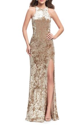 La Femme Crushed Velvet Prom Dress with High Neckline and Leg Slit in Beige at Nordstrom, Size 6