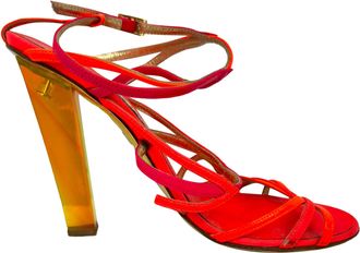 Jimmy Choo London Strappy Sandal Heels in Neon Orange and Pink Leather