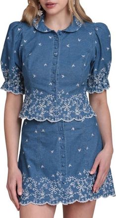 Avec Les Filles Embroidered Puff Sleeve Scallop Crop Chambray Shirt in Needle Blue at Nordstrom, Size X-Small