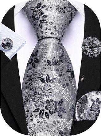 Barry.Wang Grey Silver Tie with Flower Lapel Pin for Men Floral Silk Necktie Pocket Square Cufflinks Set Formal Wedding Party Business