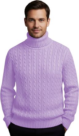 Janisramone Mens High Polo Roll Neck Jumper Long Sleeve Cable Knitted Casual Winter Sweater Pullover Lilac