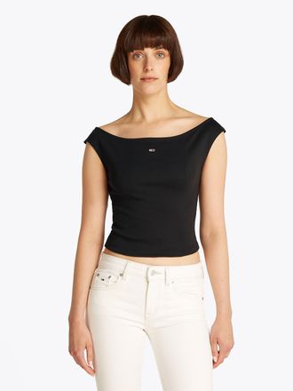 Tommy Jeans Tanktop TOMMY JEANS TJW BOAT NECK TOP SS EXT, Damen, Gr. XXL (44), schwarz, Single Jersey, Obermaterial: 95% Baumwolle, 5% Elasthan, unifarben, slim f