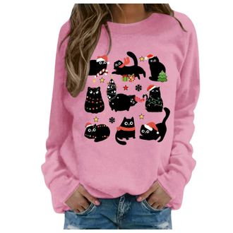 Generic Funny Christmas Jumpers for Women UK - Christmas Cat Sweatshirts Black Cat Lights ChristmasShirt Crewneck Holiday Pullover Sweater Longsleeve Blouse O